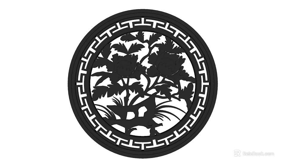 Traditional Chinese Circular Carved Lattice Window with Intricate Floral Design and Geometric Border 3d model 