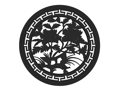 Traditional Chinese Circular Carved Lattice Window with Intricate Floral Design and Geometric Border 3d model