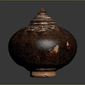 Traditional Reddish Brown Ceramic Jar With Textured Surface Lid And Base
