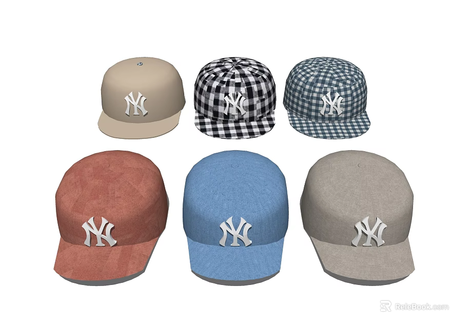Stylish NY Logo Hats In Various Colors And Checkered Patterns For Trendy Fashion 3d model 