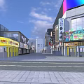 Modern Commercial Street With Multiple Storefronts Balloon Decorations And Shop Signs