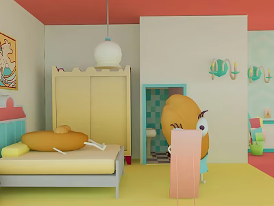 Cartoon Room Scene With Cute Character Bed Wardrobe Hanging Lamp And Wall Decorations 3d model