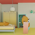 Cartoon Room Scene With Cute Character Bed Wardrobe Hanging Lamp And Wall Decorations
