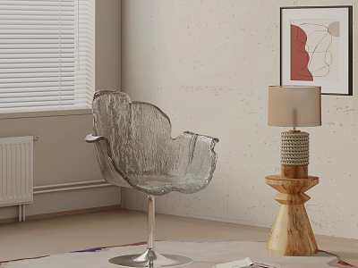 Transparent Petal Shaped Dining Chair With Silver Metal Base White Wall And Wooden Table Lamp 3d model