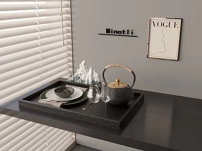 Elegant Daily Living Tray With Teapot Glass Plate And Decorative Wall Art By Blinds 3d model