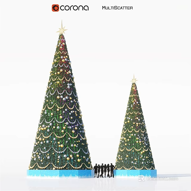 Decorated Christmas Ground With Two Star Topped Trees Ornaments And People Figures 3d model 