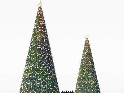 Decorated Christmas Ground With Two Star Topped Trees Ornaments And People Figures 3d model