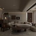 Modern Cozy Living Room With Curved Beige Sofa Wooden Round Coffee Tables And Brown Armchair