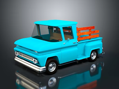 Blue Classic Pickup Truck With Orange Wooden Planks In Truck Bed 3d model