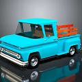 Blue Classic Pickup Truck With Orange Wooden Planks In Truck Bed