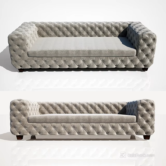 Upholstered Two Seater Sofa In Light Gray With Diamond Tufting And Dark Wooden Legs 3d model 