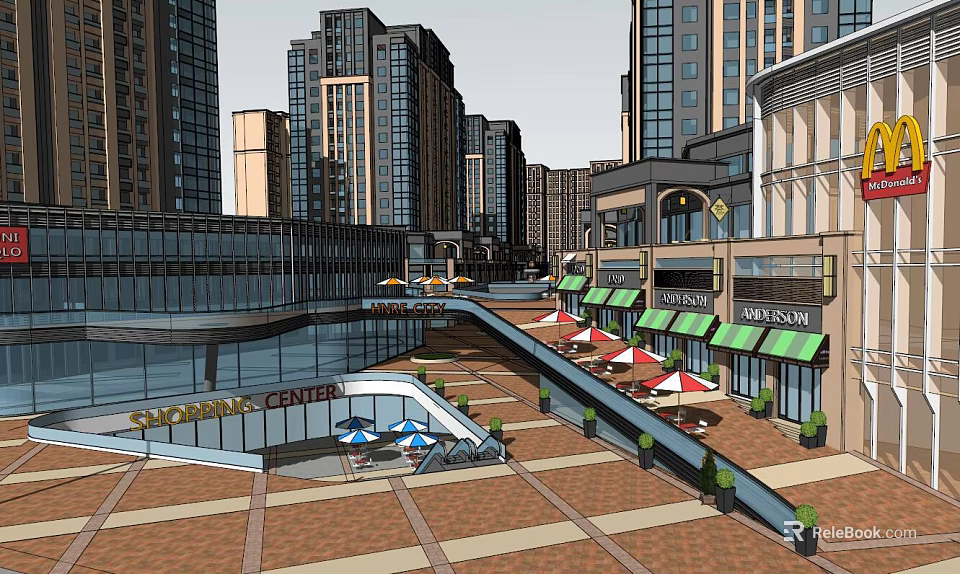 Modern Commercial Street with High Rise Buildings Storefronts Plaza and Outdoor Seating 3d model 
