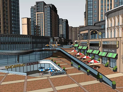Modern Commercial Street with High Rise Buildings Storefronts Plaza and Outdoor Seating 3d model