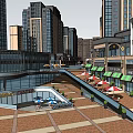 Modern Commercial Street with High Rise Buildings Storefronts Plaza and Outdoor Seating
