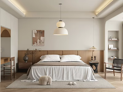Modern Bedroom Interior With Wooden Headboard Large Bed Wall Art Pendant Light And Cozy Rug 3d model