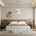 Modern Bedroom Interior With Wooden Headboard Large Bed Wall Art Pendant Light And Cozy Rug