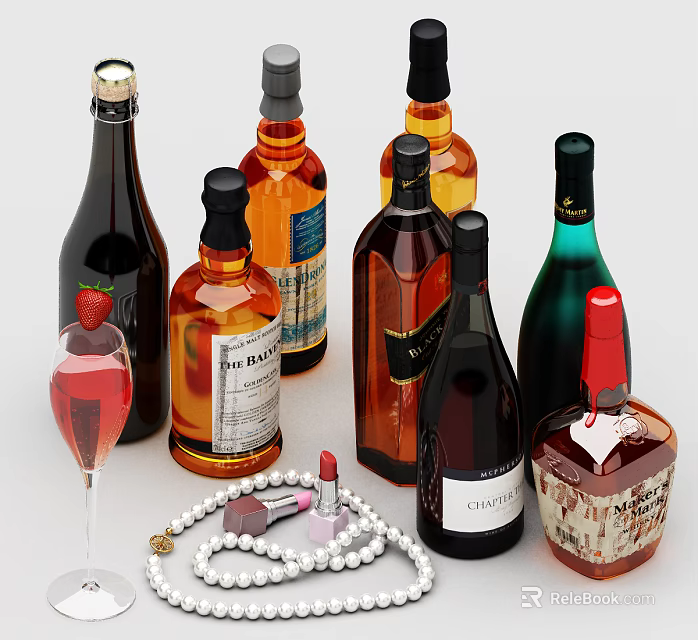 Various Types of Wine Bottles and Decorative Wine Glass with Pearl Necklace and Lipstick 3d model 