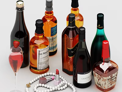 Various Types of Wine Bottles and Decorative Wine Glass with Pearl Necklace and Lipstick 3d model