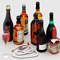Various Types of Wine Bottles and Decorative Wine Glass with Pearl Necklace and Lipstick