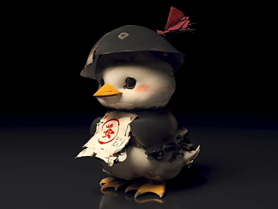 Adorable Plush Toy With Black Hat Red Bow Holding Paper With Red Characters 3d model