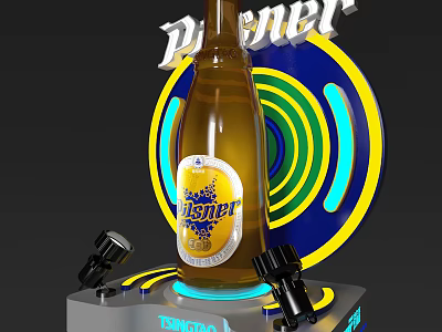 Pilsner Beer Bottle Display With Colorful Neon Rings And Microphones On Stage 3d model