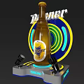 Pilsner Beer Bottle Display With Colorful Neon Rings And Microphones On Stage