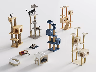 Stylish Multi Level Wooden Cat Trees And Cozy Beds For Pet Comfort And Home Decor 3d model