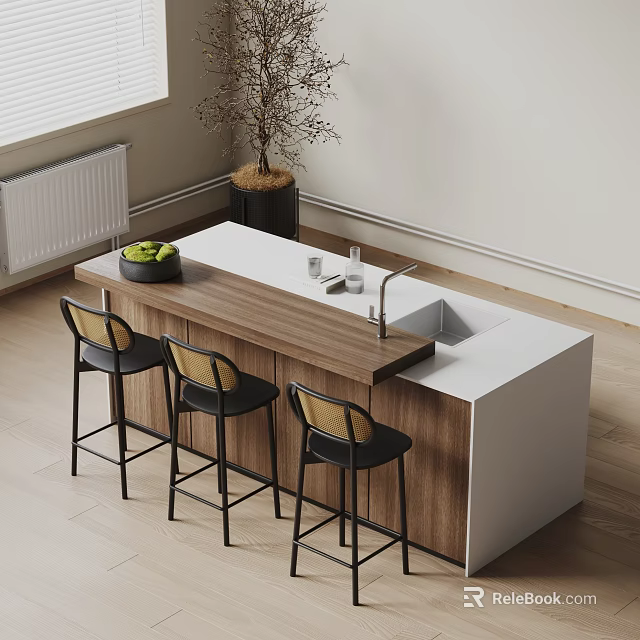 Modern Bar Counter With Wooden And White Top Bar Stools Sink Glasses And Fruit Bowl 3d model 