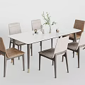 Modern Dining Table Set with White Rectangular Top Six Gray Brown Chairs Green Plant Ornaments 3d model