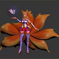 Fantasy Game Character With Fox Ears Orange Tails Purple Pink Outfit And Transparent Magic Orb
