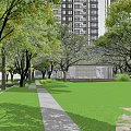 Residential Landscape With Lush Trees Paved Walkway Green Lawn Person Walking And High Rise Buildings