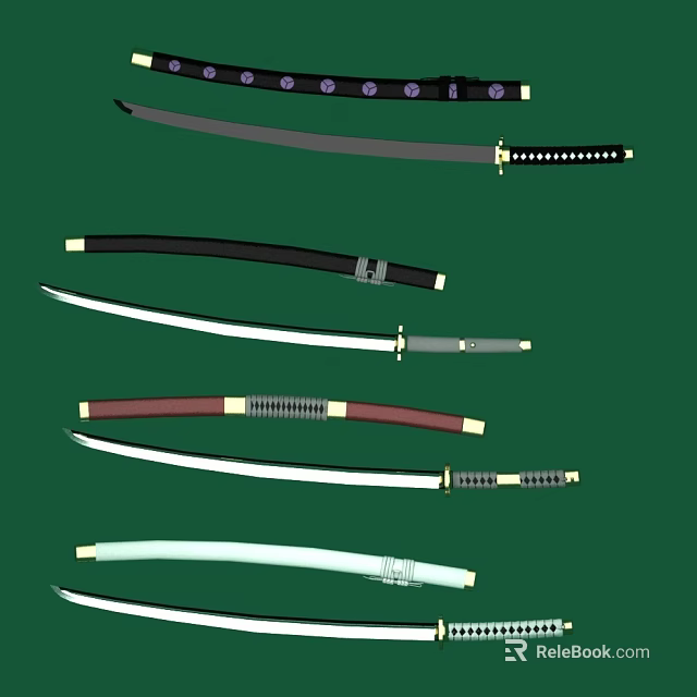 Traditional Japanese Samurai Swords With Colorful Scabbards Sharp Blades And Decorative Handles 3d model 