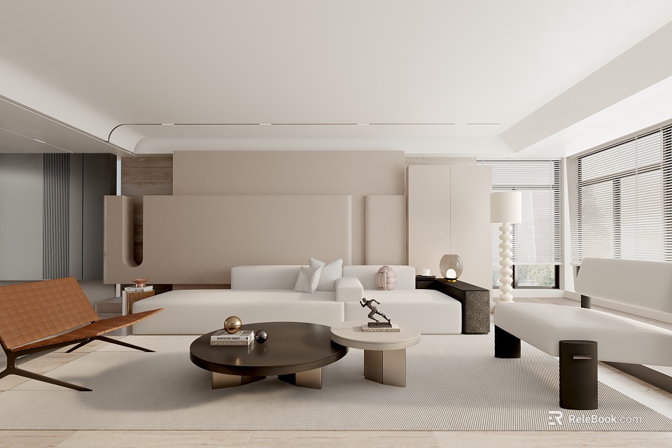 Modern Living Room Interior With White Sofa Brown Chair Round Coffee Table And Large Windows 3d model 