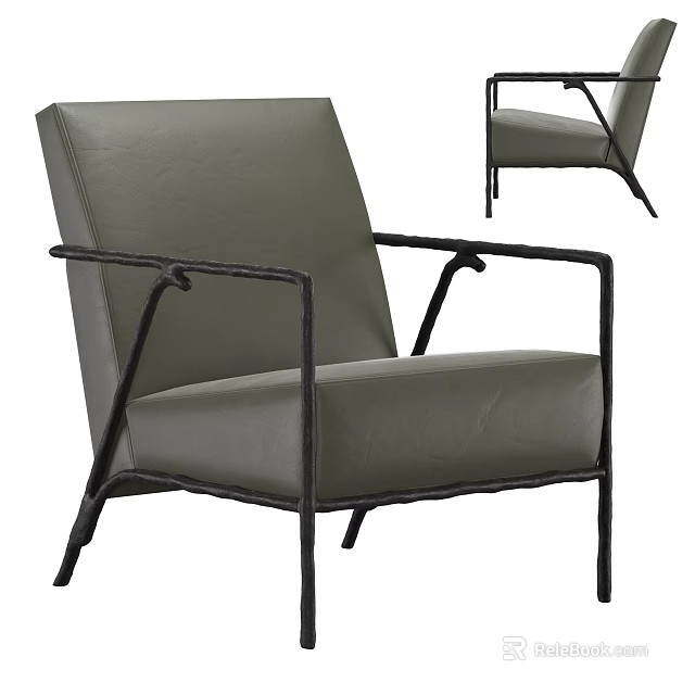 Green Leather Upholstered Single Seater Sofa With Black Metal Frame And Modern Design 3d model 