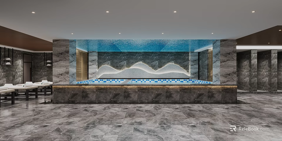 Modern Front Desk Reception With Marble Wall Decor Modern Counter And Elegant Lighting Design 3d model 