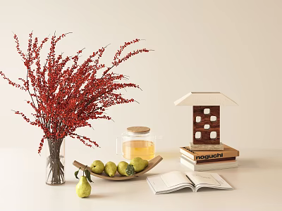 Decorative Ornament Set with Red Floral Branches Small Lantern Glass Jar Pears Open Stacked Books 3d model