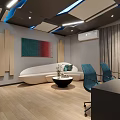 Modern Interior Workspace With Geometric Decor Blue Chairs Computer Monitors And Wooden Flooring