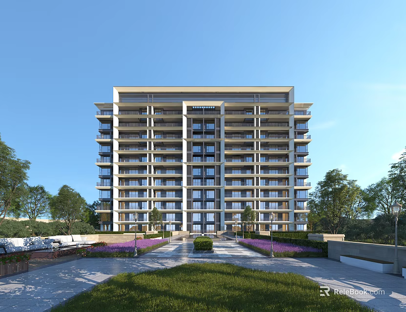Modern Mid Rise Residential Building With Balconies Lawn And Purple Flowers 3d model 