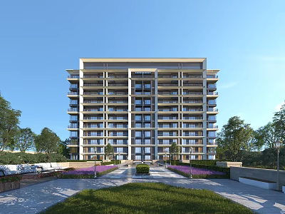 Modern Mid Rise Residential Building With Balconies Lawn And Purple Flowers 3d model