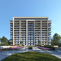 Modern Mid Rise Residential Building With Balconies Lawn And Purple Flowers