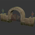 Arched Stone Brick Entry Gate With Inscribed SYCAMORE And Flanking Lanterns On Stone Pillars