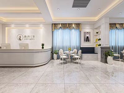 Luxury Hotel Lobby With Reception Desk Marble Flooring Curtains Tables Chairs And Plants 3d model