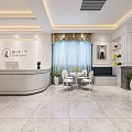 Luxury Hotel Lobby With Reception Desk Marble Flooring Curtains Tables Chairs And Plants