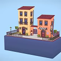 Cartoon Scene With Yellow Orange Buildings Red Roofs Pizza Shop Striped Awning And Street Lamp