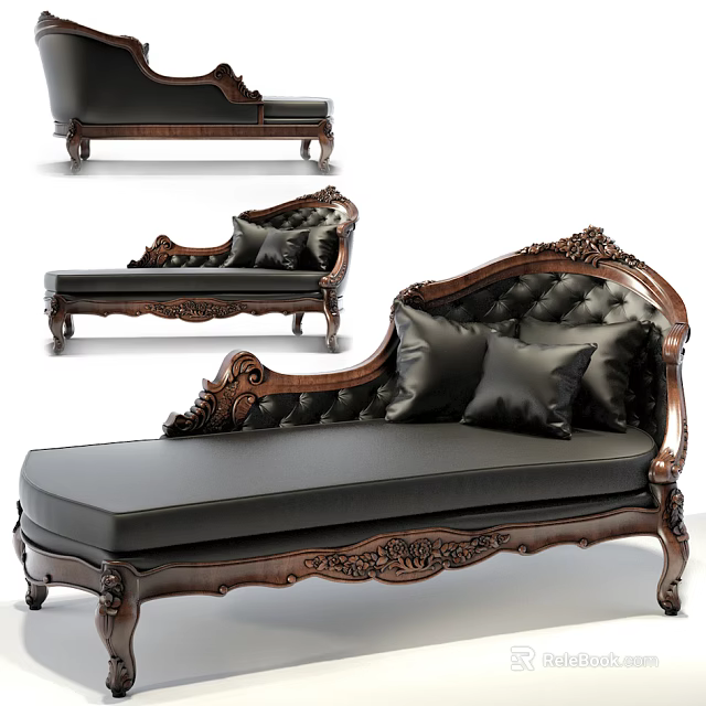 Antique Chaise Lounge With Ornate Carved Wooden Frame And Black Leather Cushions 3d model 