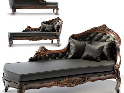 Antique Chaise Lounge With Ornate Carved Wooden Frame And Black Leather Cushions 3d model
