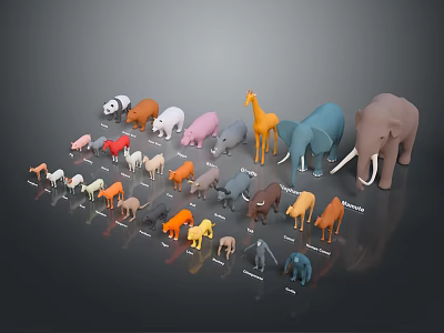 Colorful Animal Figurines Collection Featuring Various Species Arranged On Black Background 3d model