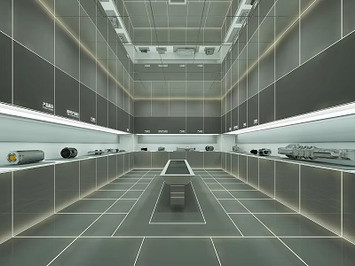 Modern Laboratory Interior With Gray Cabinets Central Workbench Striped Flooring And Ceiling Equipment 3d model