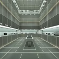 Modern Laboratory Interior With Gray Cabinets Central Workbench Striped Flooring And Ceiling Equipment