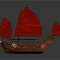Traditional Chinese Wooden Sailing Boat With Red Sails And Decorative Lanterns